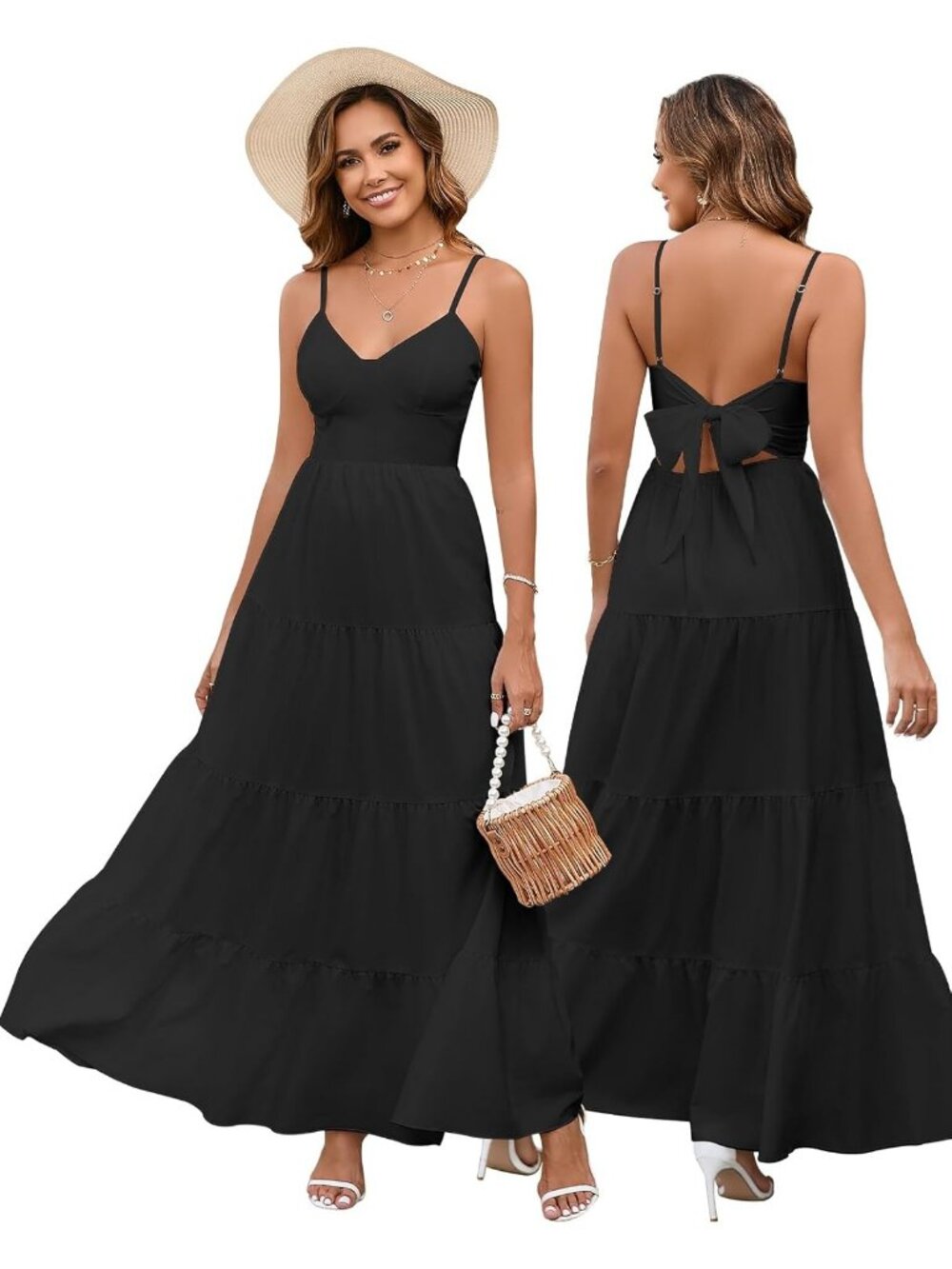 Women's Black Boho Floral Maxi V-Neck Backless Tie Strap Flowy Sundress